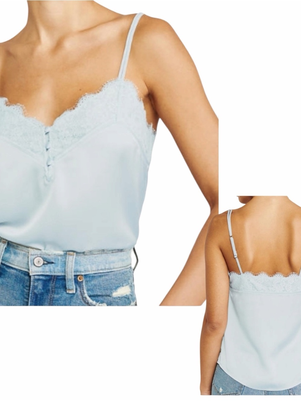 Abercrombie & Fitch Women L Camisole Lace Trim Button Detail Satin Light Blue